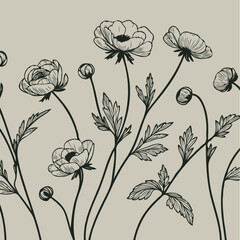 Adobe Illustrator Artwork
set of contour peony, poppy, anemone, ranunculus flower, line art of flowers, leaves
black and white illustration
set of decorative elements of plants