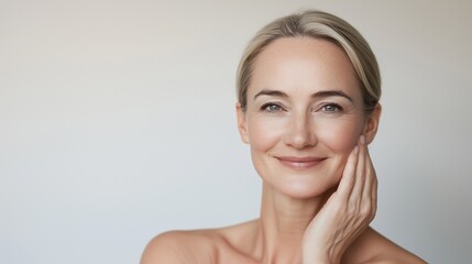 An elegant Russian woman in her 30s with long smiling gently, skin care concept