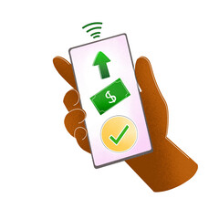 Black Hand Holding Smartphone Making Money Transfer via Tap to Pay &ndash; Digital Payment, Cryptocurrency, and Cash Concept