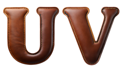 D Letters U V Realistic Stitched Leather Alphabet Isolated on White