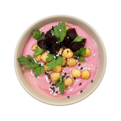 Tasty beetroot hummus and chickpeas in bowl isolated on white, top view