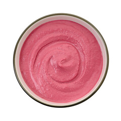 Tasty beetroot hummus in bowl isolated on white, top view