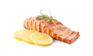 Delicious grilled salmon fillet with lemon and rosemary isolated on white