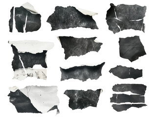 Various scraps of paper, black crumpled cardboard isolated on transparent background. Scraps of paper, old cardboard with uneven jagged edges. Elements for collage, grunge design.
