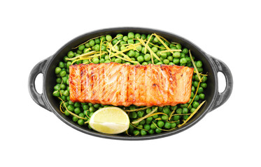 Delicious grilled salmon fillet with lime and green peas in baking dish isolated on white, top view