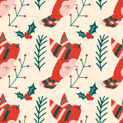 Christmas seamless pattern with bird and holly. Vector print illustration.