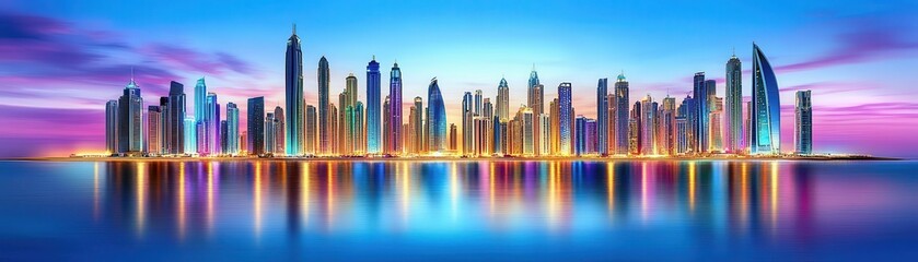 A skyline reflecting on the ocean, minimalist buildings with glowing accents, twilight hues, sharp detail, serene and modern aesthetic