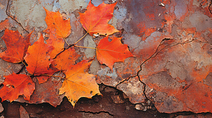 Fototapeta premium Golden Autumn Leaves Resting on a Cracked Weathered Surface, generative ai