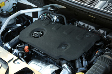 Closeup view of car engine in modern auto
