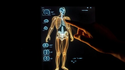 Futuristic medical interface displaying holographic human anatomy, with a hand pointing at the glowing skeletal structure. Advanced technology in healthcare visualization.