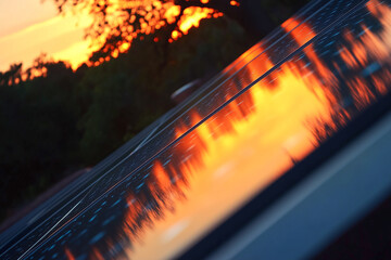 Warm sunset reflects on solar panels, blending nature's beauty with renewable energy.