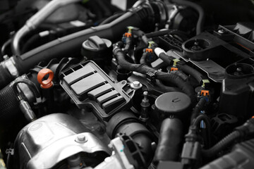 Closeup view of car engine in modern auto