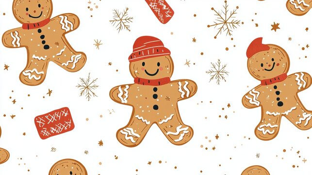Adorable Christmas pattern featuring hand-drawn gingerbread people, perfect for any background.