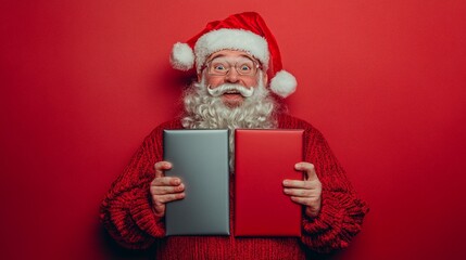 Naklejka premium Jolly figure in Santa costume holding modern tablets with contrasting colors, symbolizing blend of tradition and technology against vibrant red background.