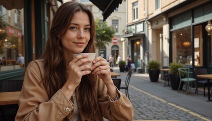 Fototapeta premium Young woman enjoying a coffee break at a cafe on a sunny day