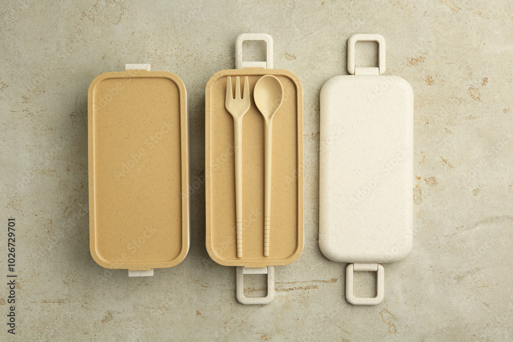 Sticker Compartments of plastic lunch box with cutlery on grey table, top view