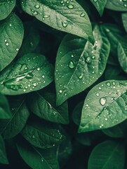 Fototapeta premium Lush green leaves glisten with droplets of water, showcasing nature's refreshing beauty and the vitality of the environment. Generative AI