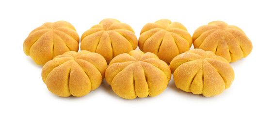 Tasty pumpkin shaped buns isolated on white