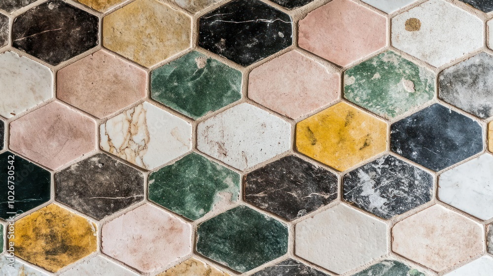Poster a close-up of a wall of multicolored hexagon tiles