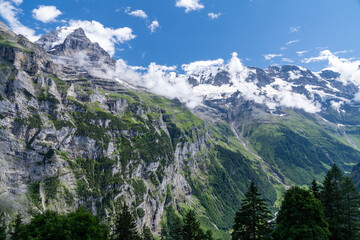 Stunning mountain landscape of Lauterbrunnen valley, Switzerland. Hiking trail from Murren to Gimmelwald village