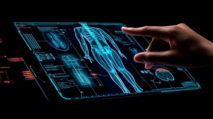 Futuristic medical interface displaying holographic human anatomy, with a hand interacting with the touchscreen, showcasing advanced healthcare technology.