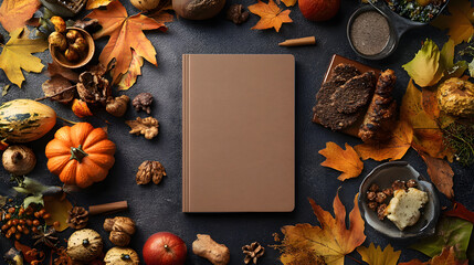 Beautiful Thanksgiving Flat Lay with Seasonal Foods, Pumpkins, and Cozy Decorations