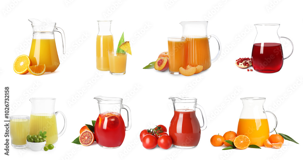 Canvas Prints Glass jugs with different juices isolated on white, set