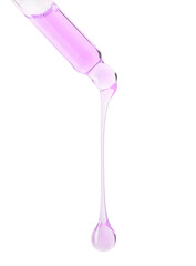 Cosmetic oil dripping from pipette on white background, closeup