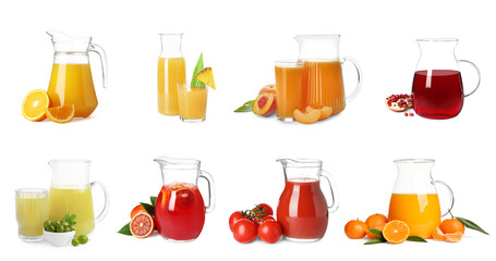 Glass jugs with different juices isolated on white, set