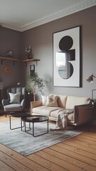  A stylish boho Scandinavian living room featuring a beige sofa, black coffee table, and large artwork on a grey wall.
