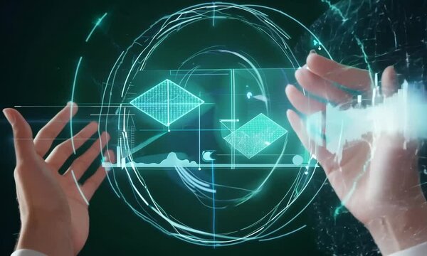 person holding a graph, hand pushing a button on a touch screen interface