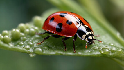 Fototapeta premium Macro photography close-up of a ladybug, showcasing its shiny red shell with black spots. Ideal for nature photography projects, educational content, or insect-themed designs.