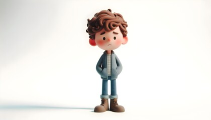 Claymation Style Full Body Standing Young Boy Character with Curly Hair, Isolated on White Showing Gesture
