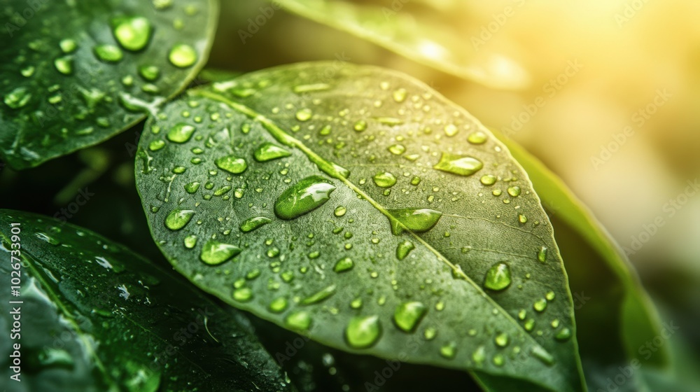 Aufkleber sunlight filters through lush greenery, highlighting water droplets on leaves, creating a refreshing