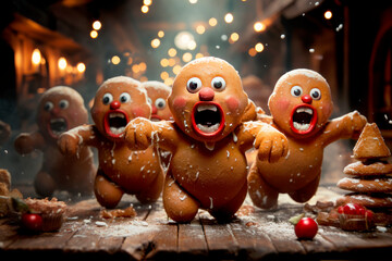 Funny gingerbread men runing across a wooden table on bokeh background.