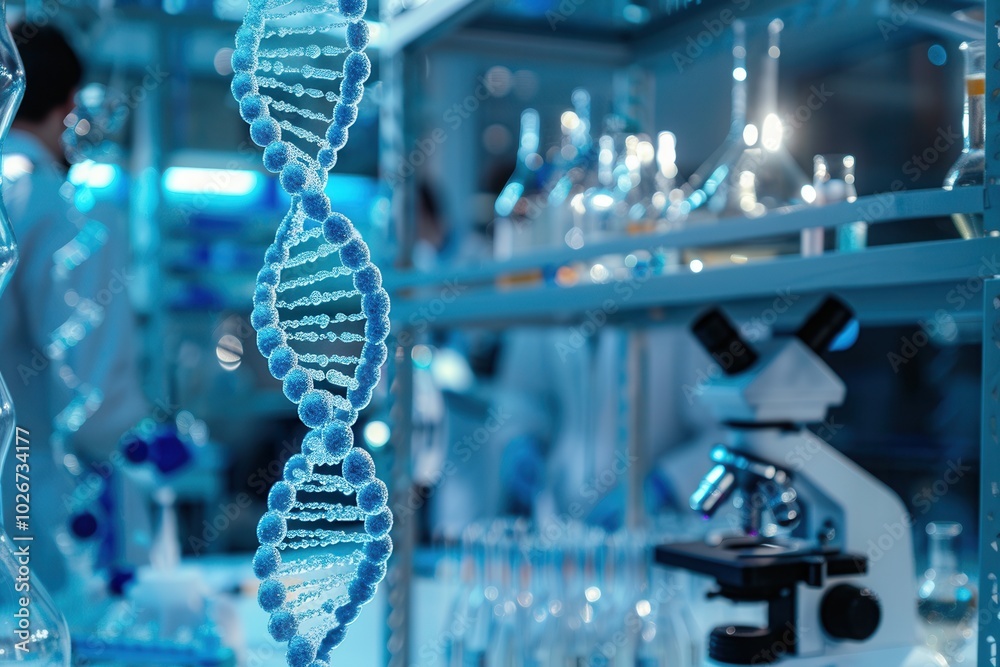 Poster a striking dna strand stands out in a laboratory filled with scientific instruments and blurred glas