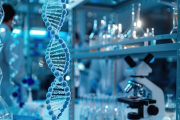 A striking DNA strand stands out in a laboratory filled with scientific instruments and blurred glassware, highlighting genetic research. Generative AI