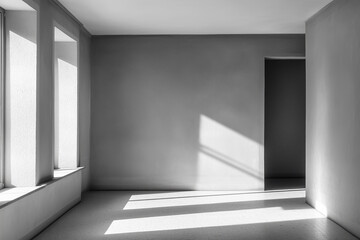 Fototapeta premium Sunlight through windows casts geometric shadows in serene, minimalistic empty room