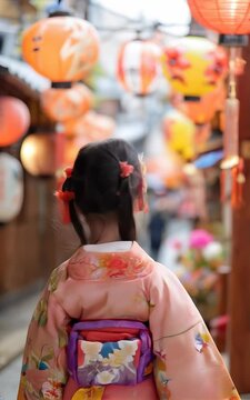 A young girl wearing a kimono stands in front of a row of orange lanterns. She is smiling and she is enjoying the festive atmosphere