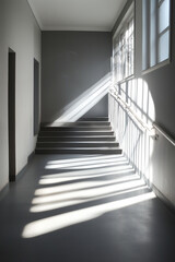 Sunlight through windows casting dramatic shadows in minimalist stairwell interior