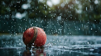 A water coated sports ball moving on a soaked cricket field