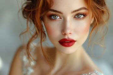 Fototapeta premium Classic Beauty Portrait of Red Haired Woman with Red Lipstick and Blue Eyes
