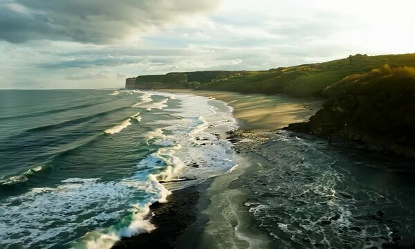 Wide-angle shot with tidal cWide-angle shot with tidal chahanges: The camera starts by capturing the effects of tidal changes on the beach, then widens to show the changing landscape and water levels.