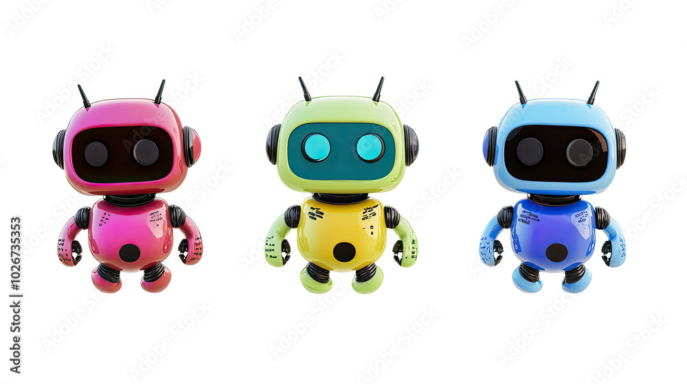 Poster colorful robots engaged in conversation in a futuristic setting generative ai