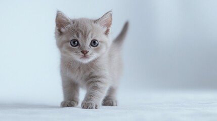 Adorable gray kitten with big blue eyes standing on white background, looking curiously at camera. Fluffy fur and tiny paws create a heartwarming image.