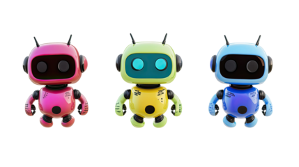 Colorful Robots Engaged in Conversation in a Futuristic Setting Generative AI