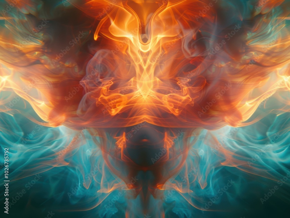 Poster Abstract smoke patterns in blue and orange. AI.