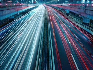 Obraz premium Light trails from cars on a highway at night. AI.