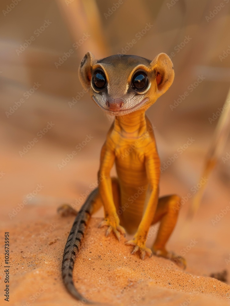 Poster A small lizard with big eyes sits on the sand. AI.