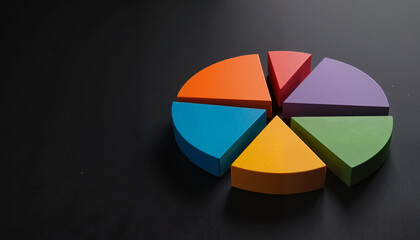 Fototapeta premium Colorful pie chart on dark background for data visualization and analysis, copy space